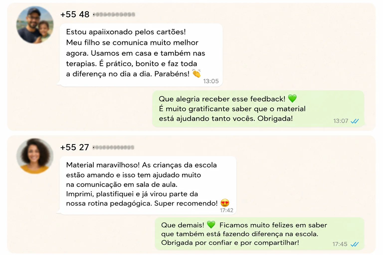 Depoimento de família sobre a experiência com os flashcards de comunicação.